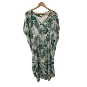 Kona Sol Green Palm Leaf Kaftan Beach Swim Cover Up